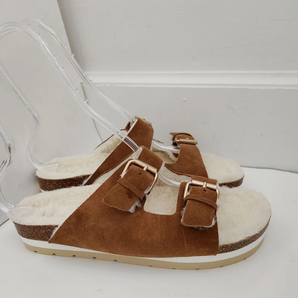Boden tan suede faux fur cozy slippers footbed sandals slide women size 41